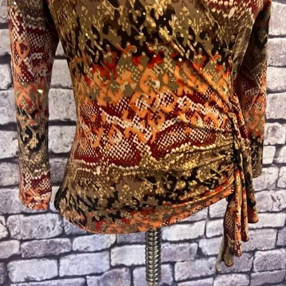 Brittany Black Multicolored 3/4 Sleeve Faux Wrap Blouse Size PS - Picture 3 of 9